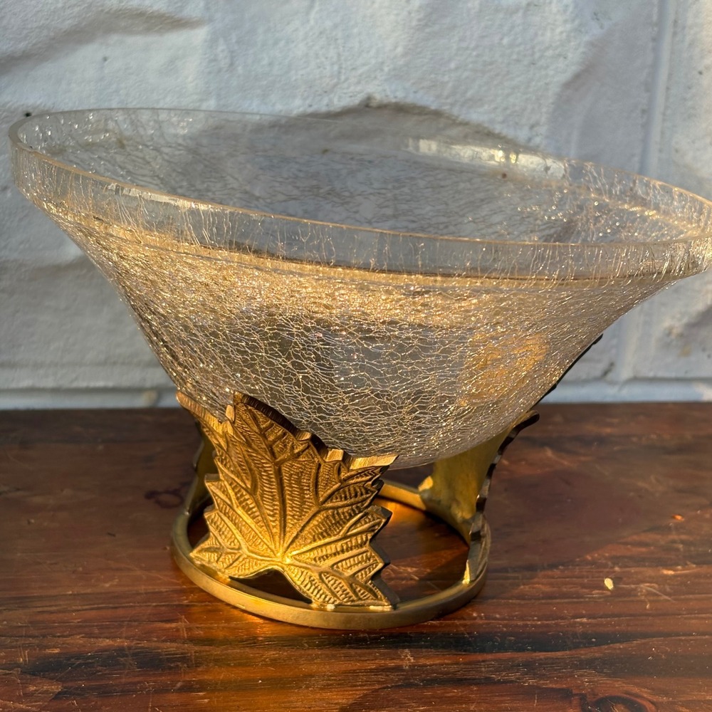Vintage Clear Crackle Glass Bowl with Ornate Brass Maple Leaf Stand MCM